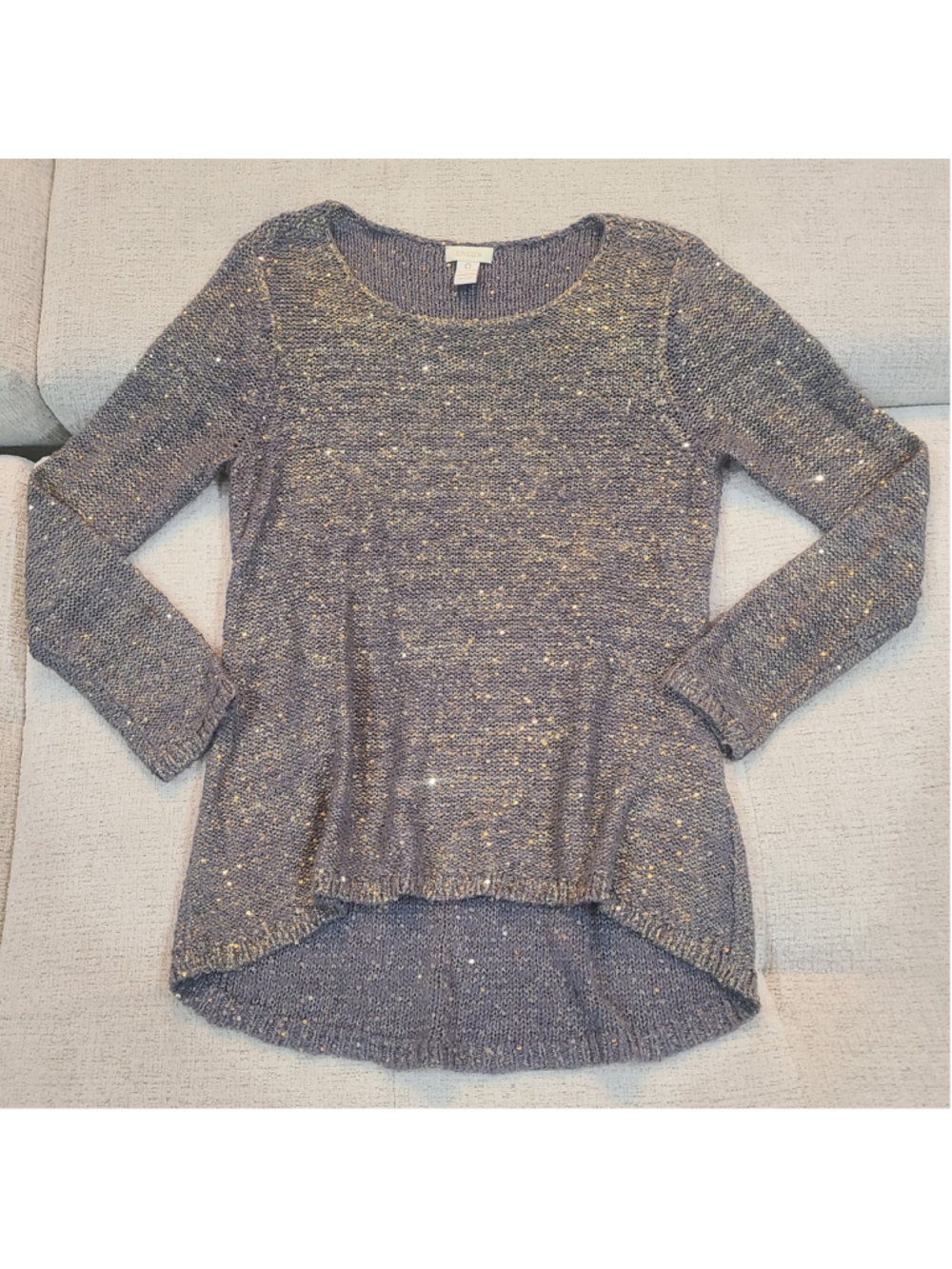 Chicos Sweater Womens Sz 0 Small Gray Gold Sequins Long Sleeve Knit Tunic